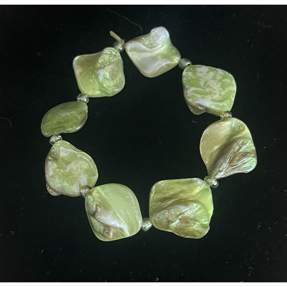 VTG 90s Dyed Abalone Mother of Pearl Green Seed Bead Stretch Bracelet Statement